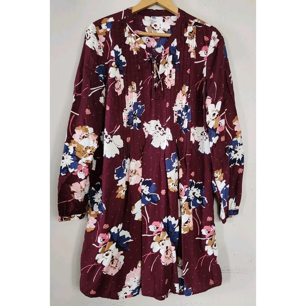 OLD NAVY Womens L Peasant Dress Maroon Floral Lace Up Pleated Boho Long Sleeve